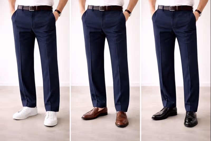 How shoe choice transforms the same basic outfit, demonstrating footwear's outsized impact on overall impression and formality.